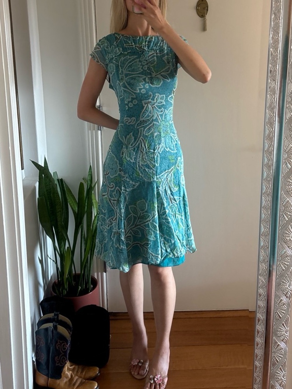 Bob Mackie Teal Floral Lace-Overlay Midi Dress